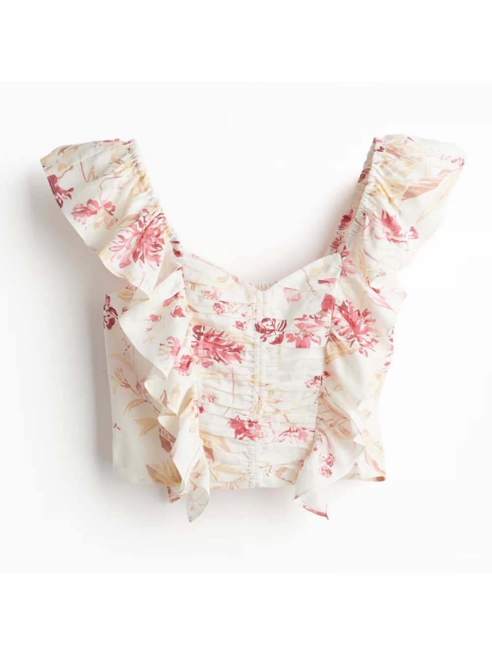 H&M Red Floral Bohemian Cottagecore Linen Blend Ruffle Crop Top